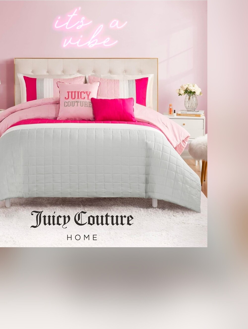 Juicy Couture Pink and Gray Colorblock 5-Piece King Size Bedding Set